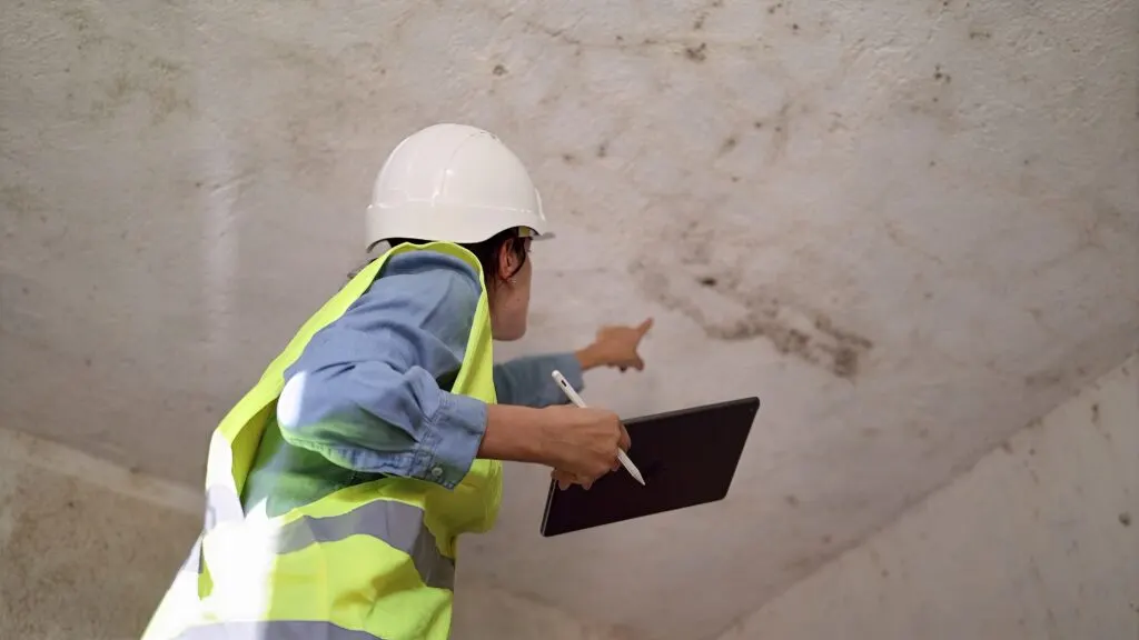 Sachverständige mit Schutzhelm dokumentiert einen Riss in einer Betonwand auf einem Tablet